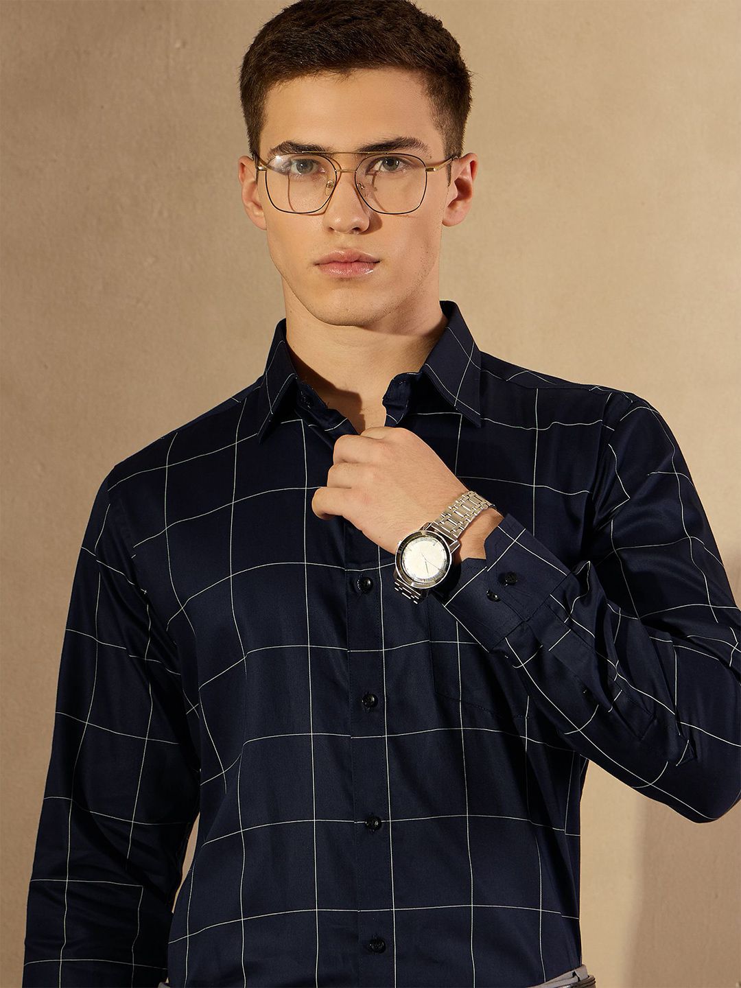 DENNISON Men Smart Spread Collar Windowpane Checked Cotton Formal Shirt