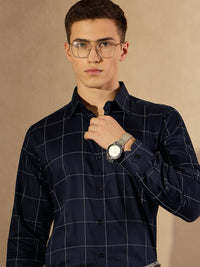 DENNISON Men Smart Spread Collar Windowpane Checked Cotton Formal Shirt
