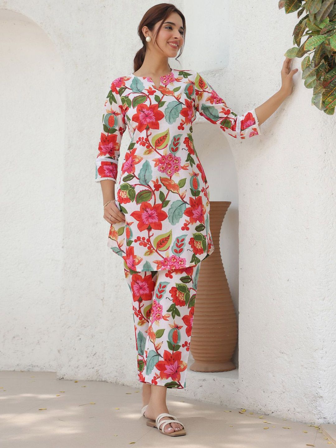 Rain & Rainbow Printed Notch Neck Pure Cotton Tunic With Trouser