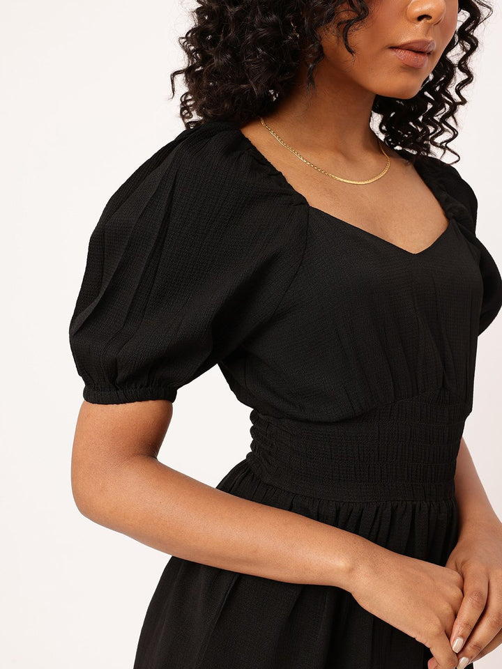 DressBerry Goth Kawaii Seersucker Cinched Waist Fit and Flare Mini Dress