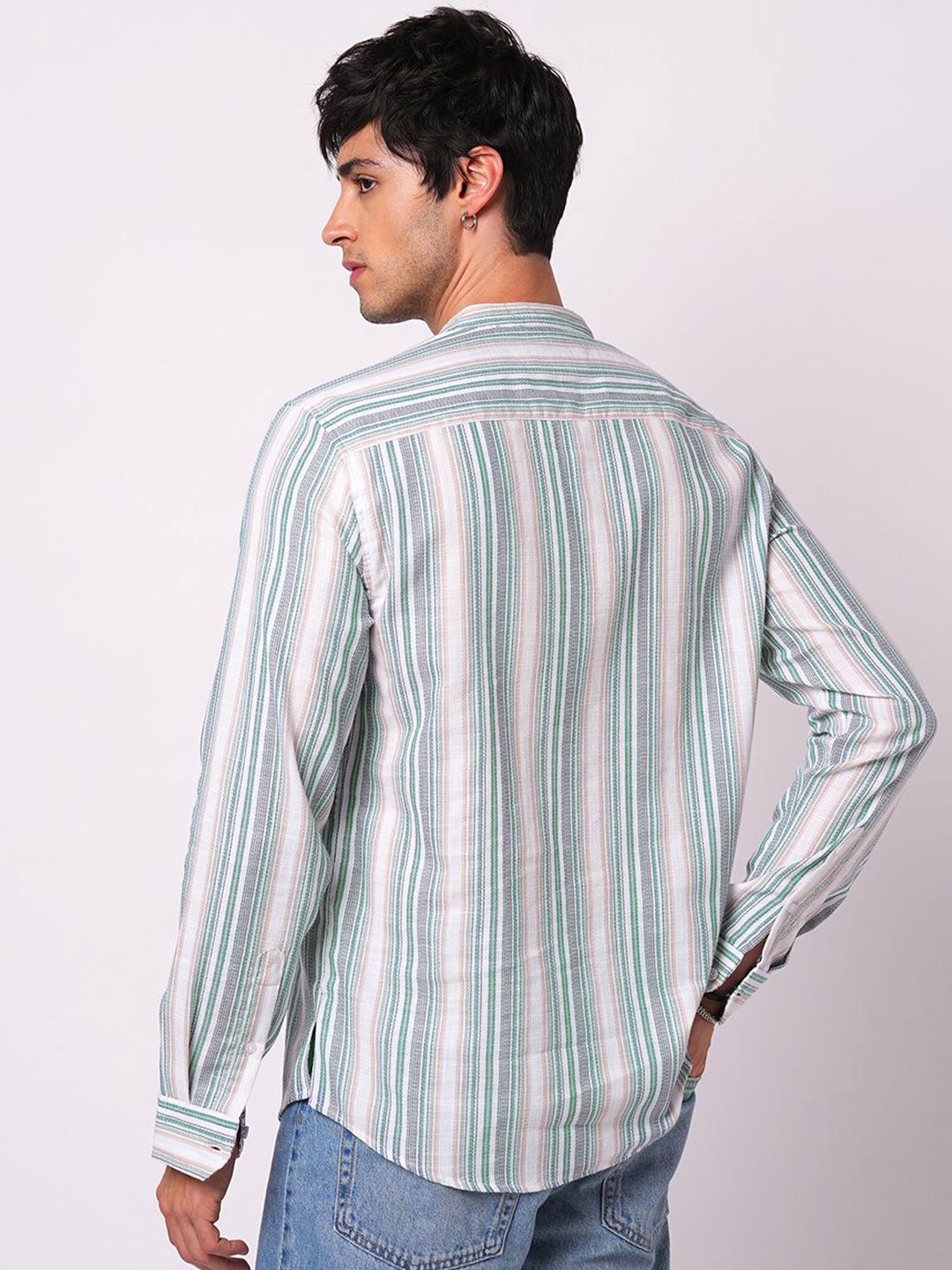 VASTRADO Retro Shoreline Azure Striped Band Collar Cotton Kurta