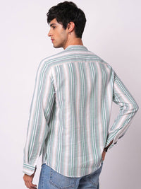 VASTRADO Retro Shoreline Azure Striped Band Collar Cotton Kurta