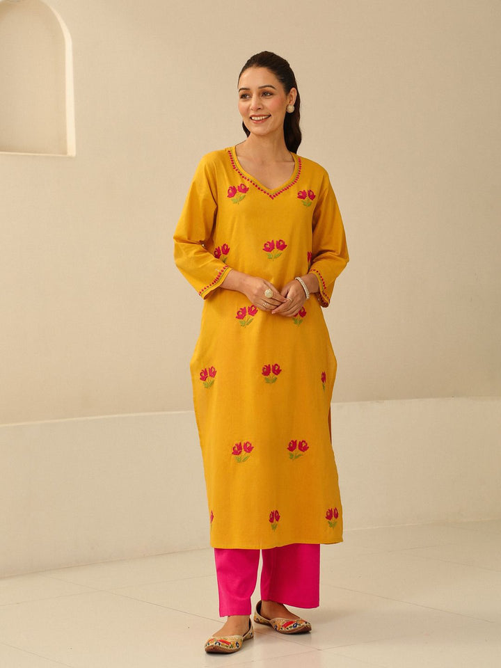 Rumah Chikankari Wanita Mustard Kuning Kapas Chikankari Sulam Kurta