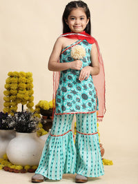 Cutiekins Girls Floral Printed Straight Cotton Kurta With Sharara & Dupatta