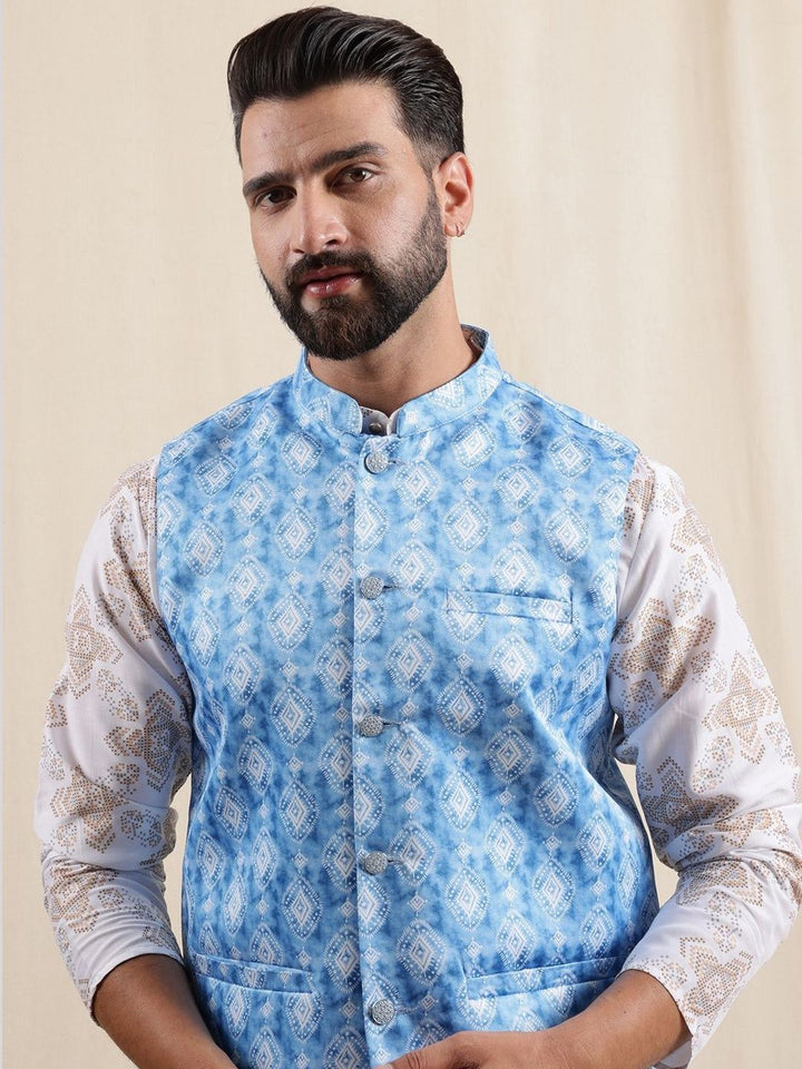 Anouk Geometric Printed Linen Straight Kurta With Pyjamas & Nehru Jacket