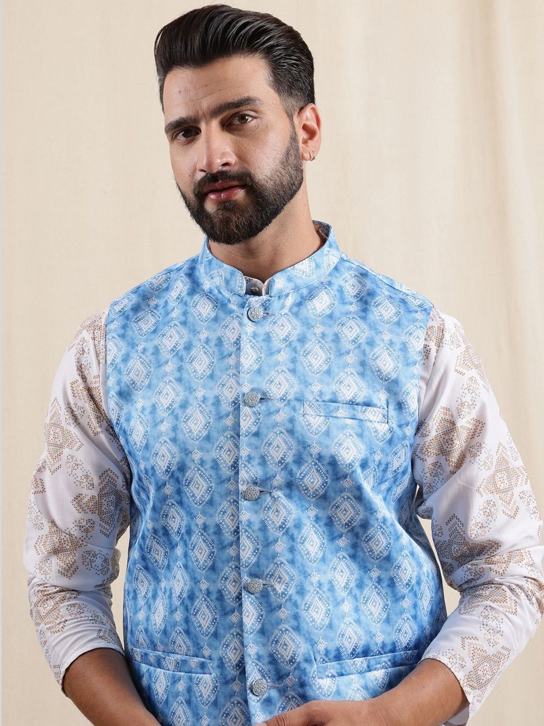 Anouk Geometric Printed Linen Straight Kurta With Pyjamas & Nehru Jacket