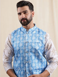 Anouk Geometric Printed Linen Straight Kurta With Pyjamas & Nehru Jacket