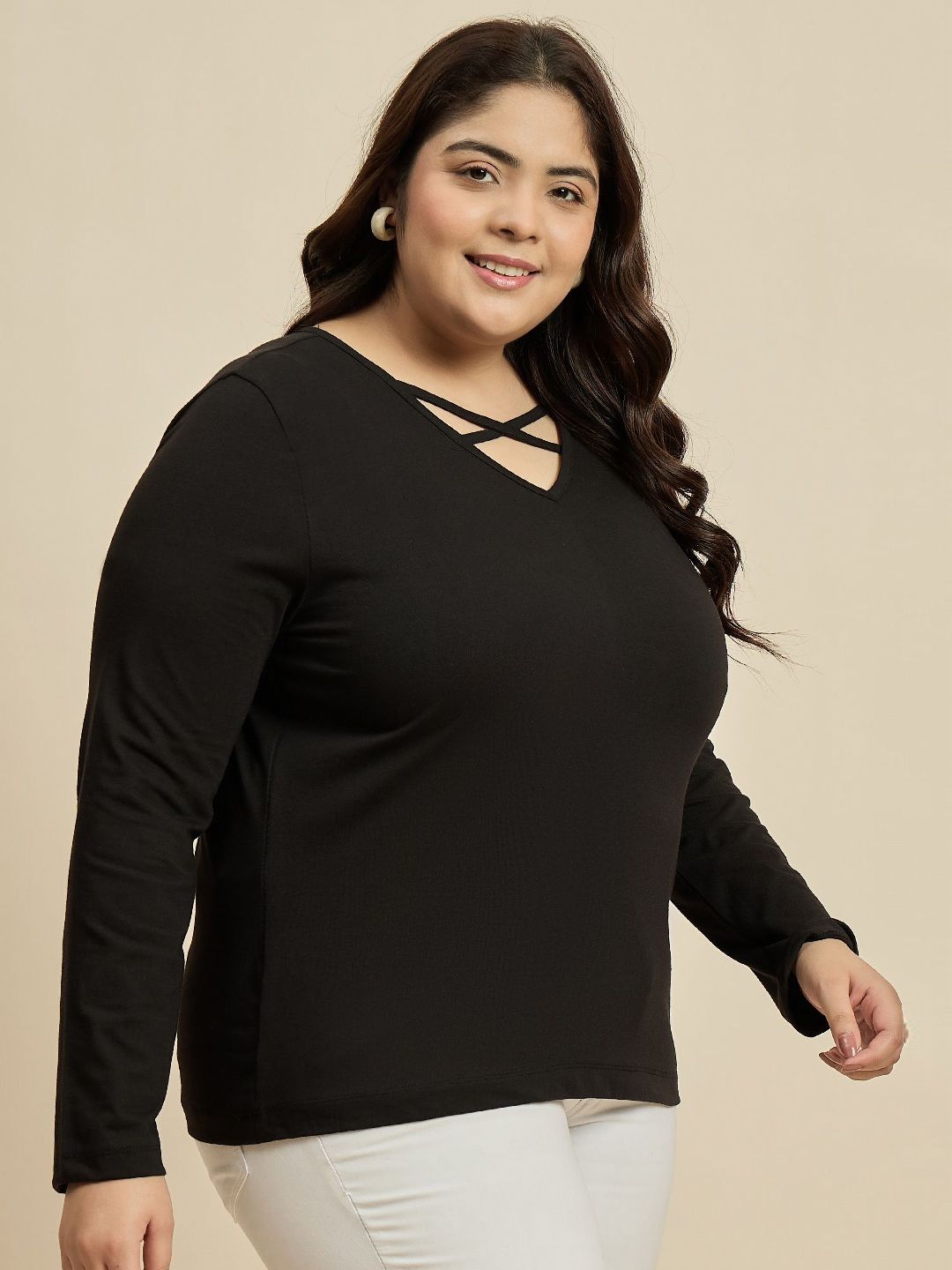 CURVY STREET Women Solid V-Neck Cotton Plus Size T-shirt