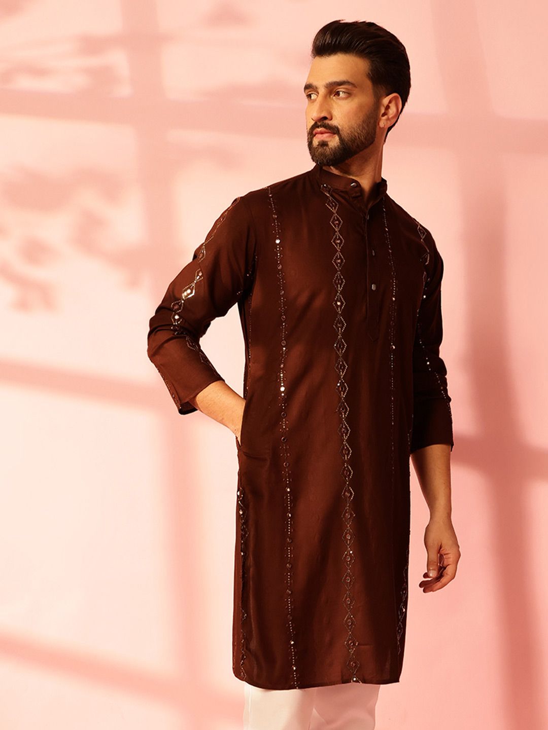Anouk Striped Embroidered Mandarin Collar Sequinned Cotton Kurta