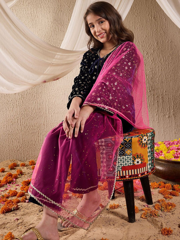 pspeaches Girls Floral Embroidered Sequinned Velvet Kurta with Sharara & Dupatta