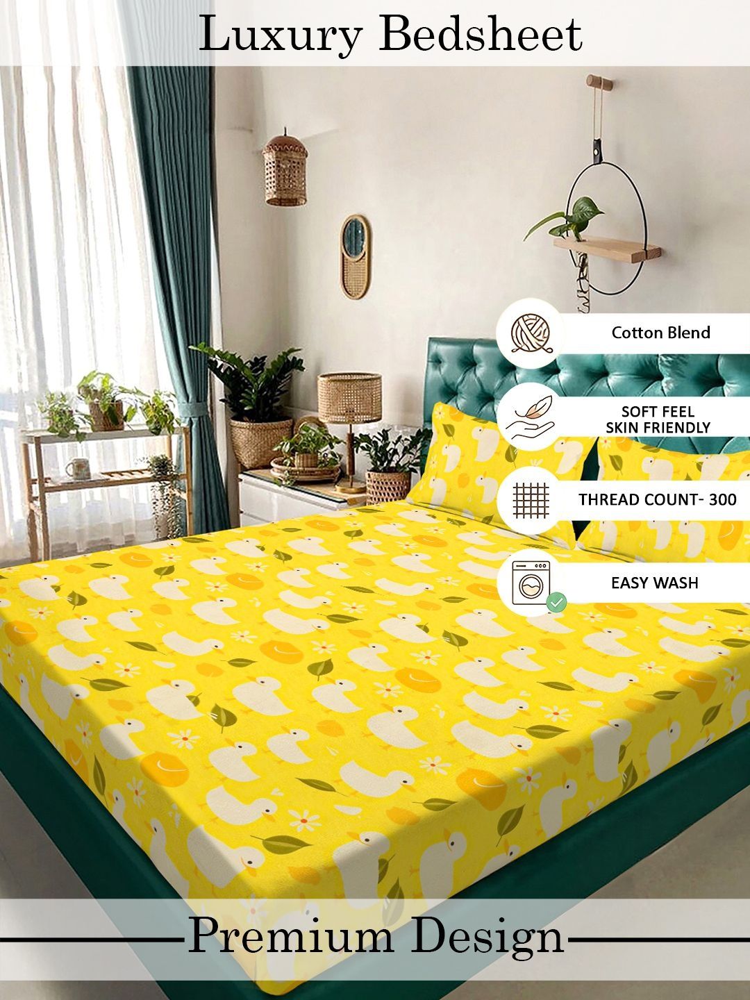 Myntra Elegant Homes Yellow & White Cartoon Characters 300 TC King Bedsheet with 2 Pillow Covers