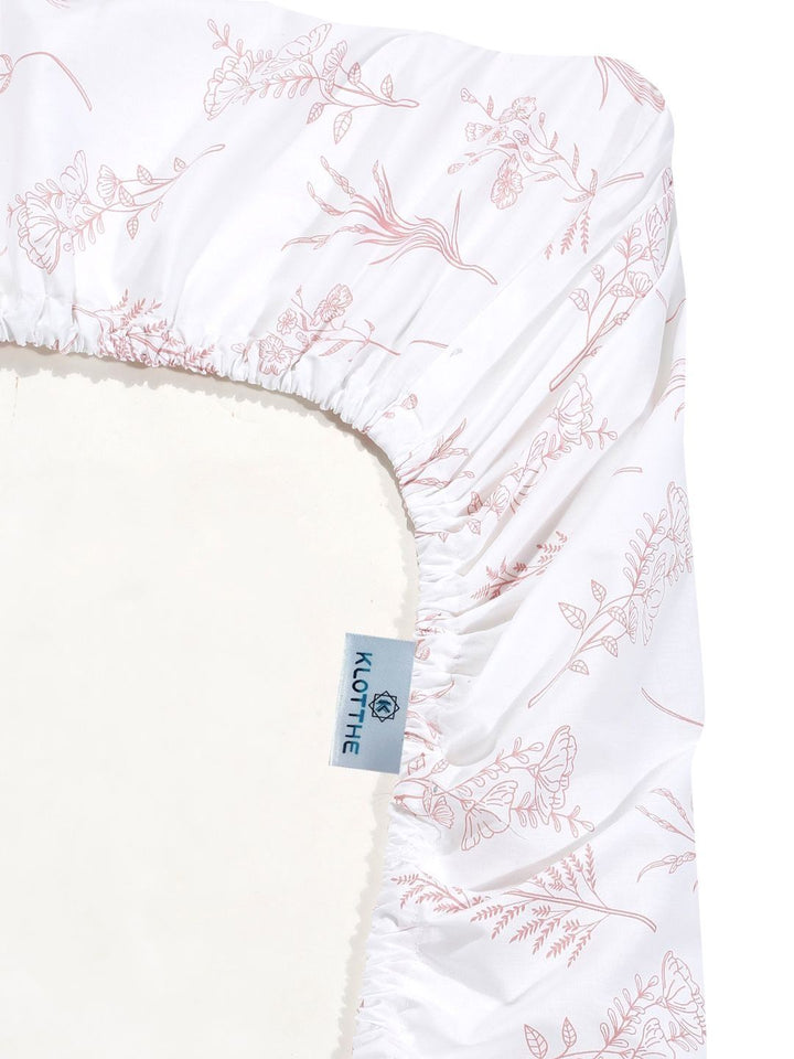 KLOTTHE White Floral Printed Fitted 400 TC Cotton Super King Bedsheet With 2 Pillow Covers