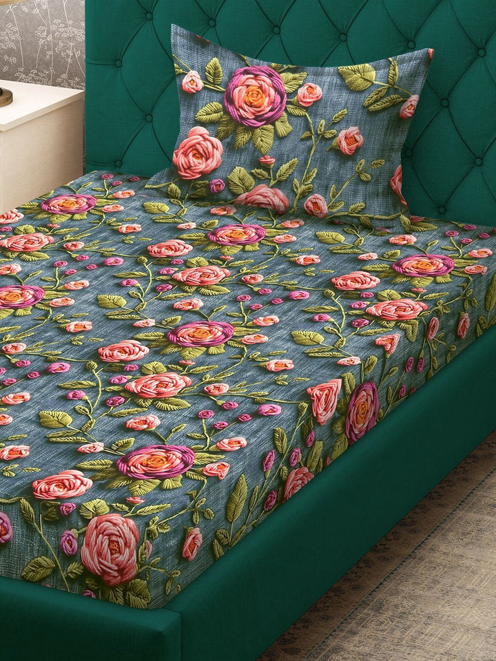 Myntra Elegant Homes Turquoise Blue Floral 300 TC Single Bedsheet with 1 Pillow Covers