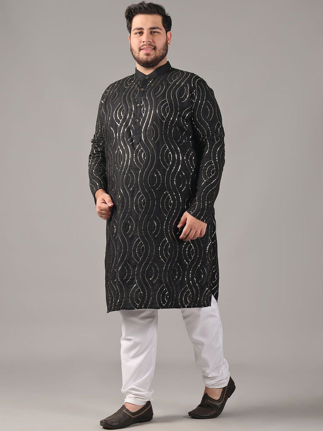 SOJANYA PLUS Size Geometric Embroidered Sequinned Band Collar Pure Cotton Straight Kurta