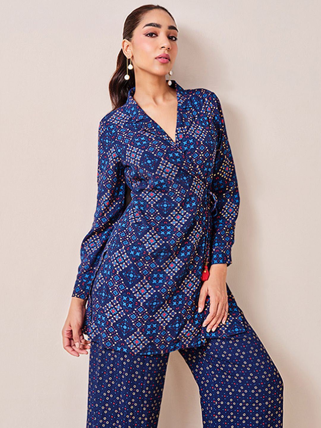 Global Desi Printed Lapel Collar Tunic With Trousers