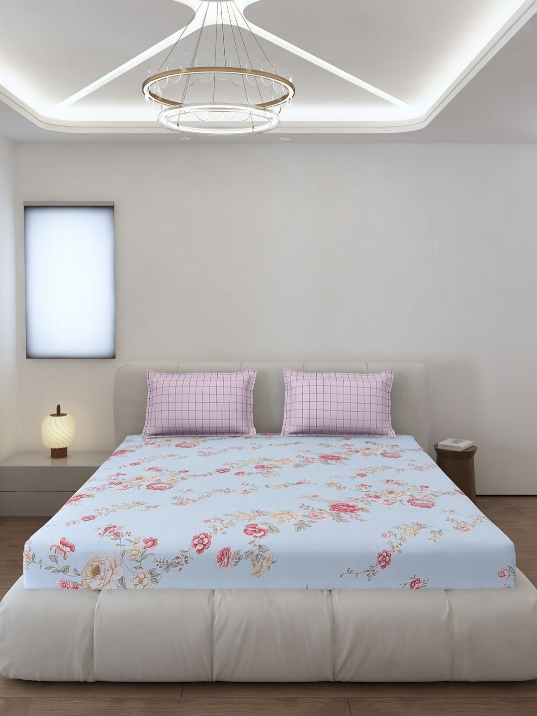 Monte Carlo Sea Green & Pink Floral Printed 144 TC King Bedsheet Set 2.70 m x 2.70 m