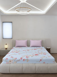 Monte Carlo Sea Green & Pink Floral Printed 144 TC King Bedsheet Set 2.70 m x 2.70 m