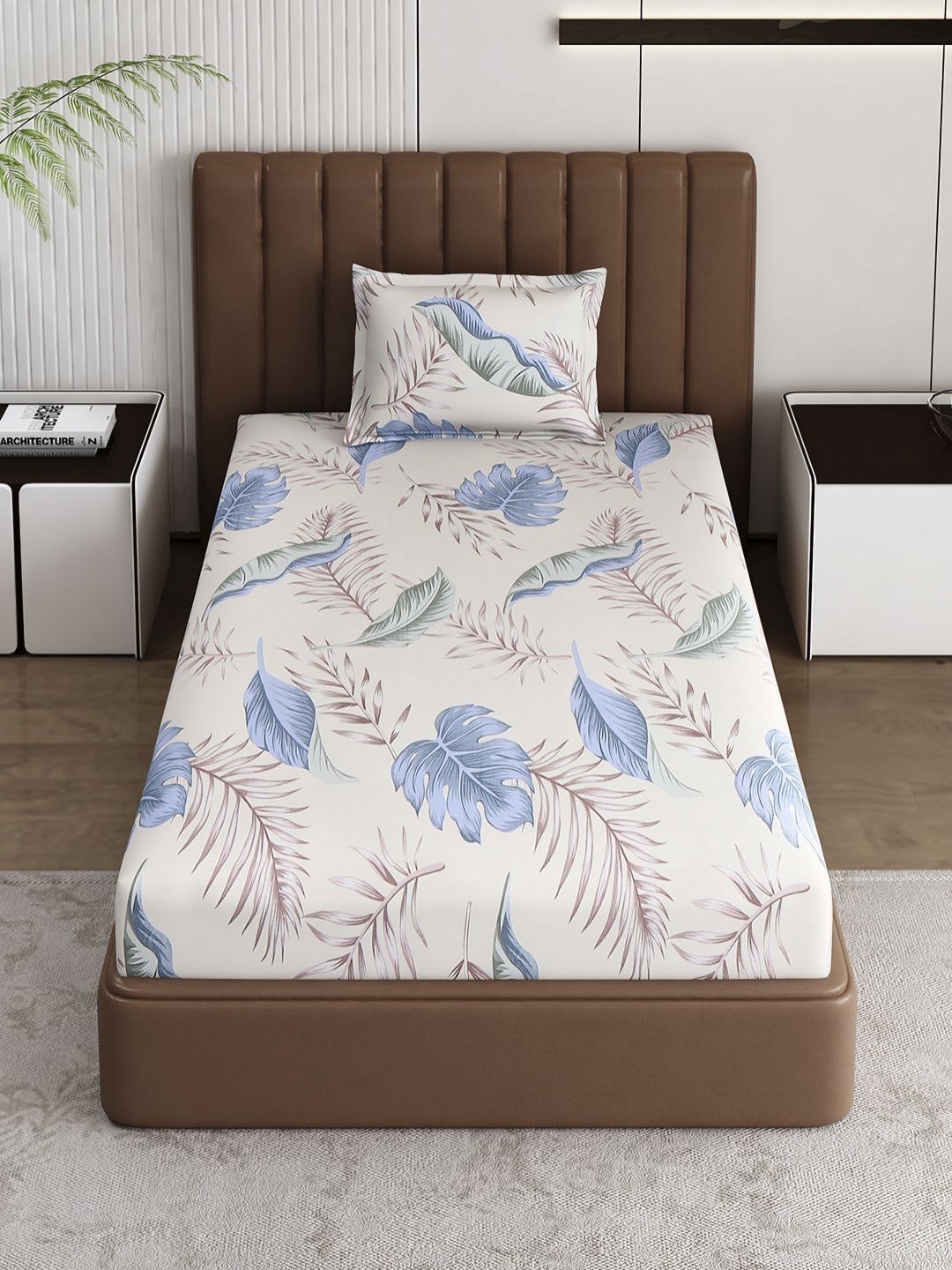 Monte Carlo White & Blue Pixel Ethnic Printed 120 TC Single Bedsheet Set 1.52 m x 2.30 m