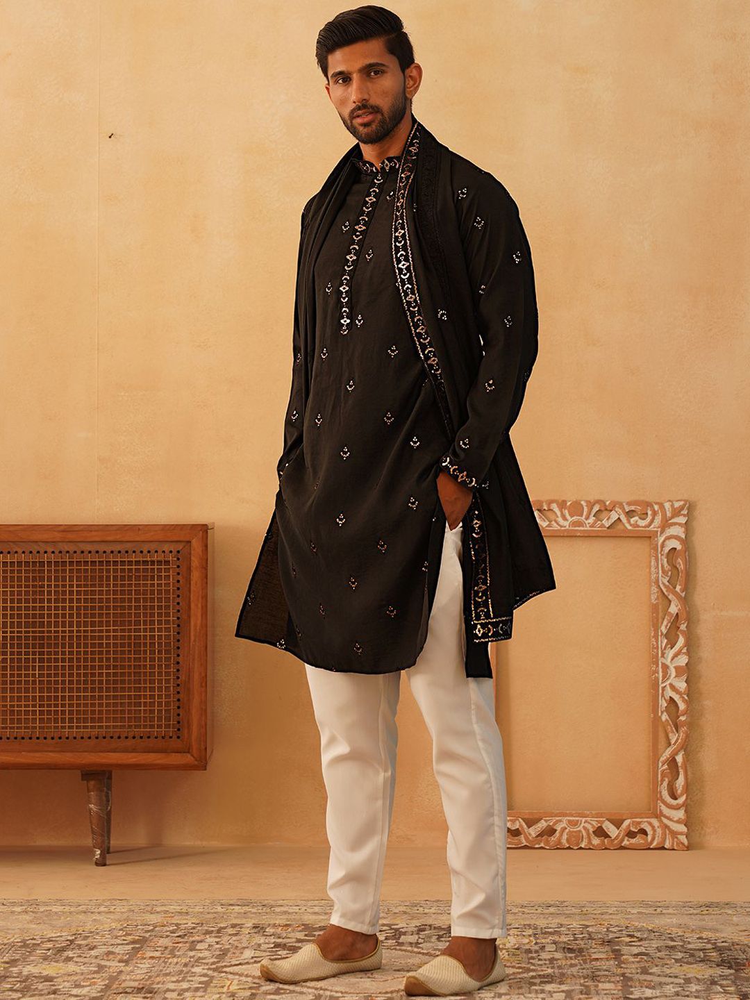 Jompers Floral Embroidered Sequinned Straight Kurta With Trousers & Dupatta