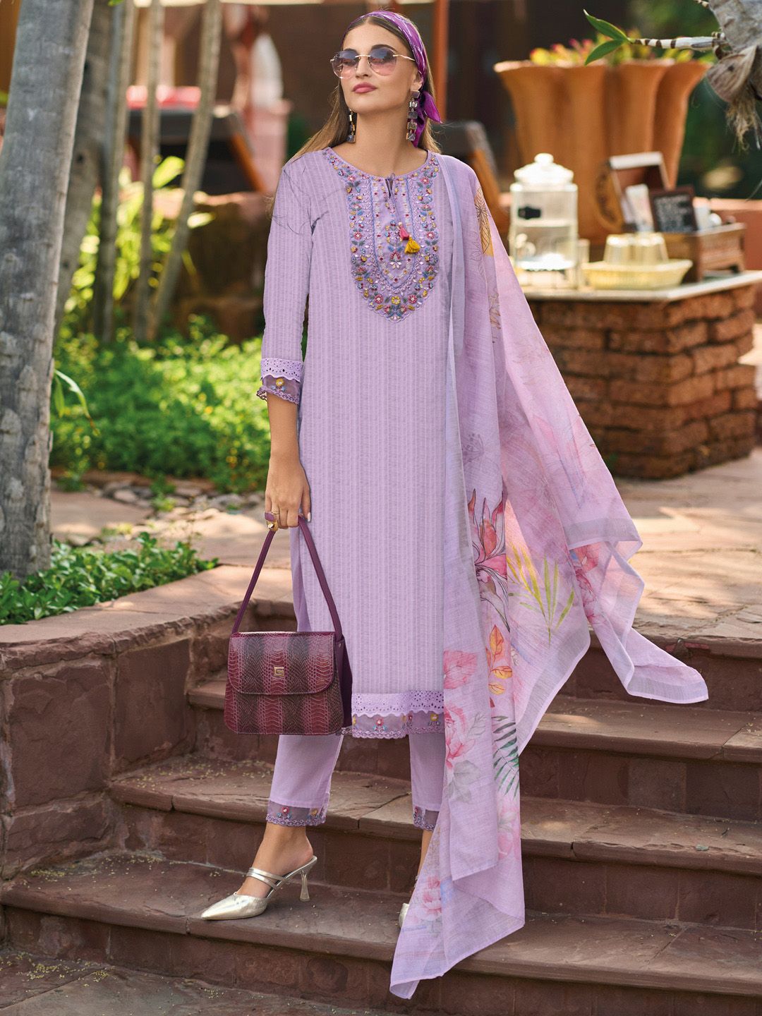 Indo Era Lavender Floral Embroidered Tie Up Neck Pure Cotton Kurta with Trousers & Dupatta