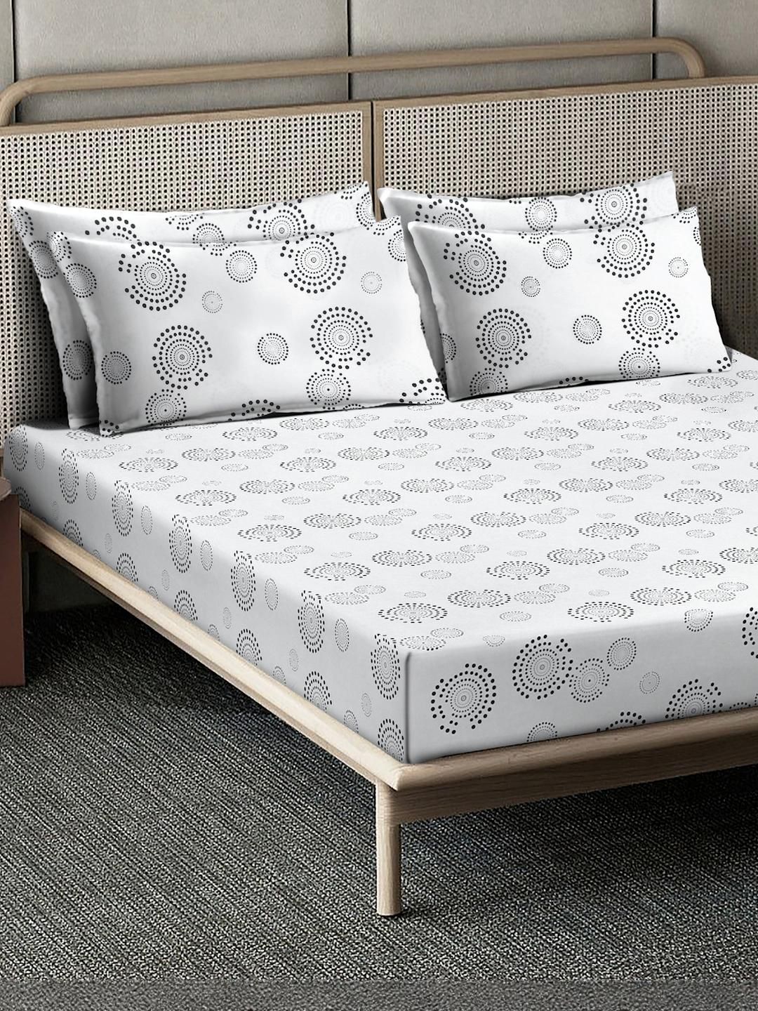 KLOTTHE White Printed Dilengkapi 400TC Kapas Tulen Cadar Super King & 4 Sarung Bantal