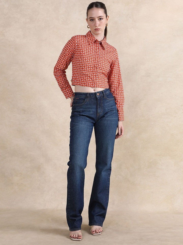 Rareism Geometric Printed Cotton Shirt Gaya Tanaman Top
