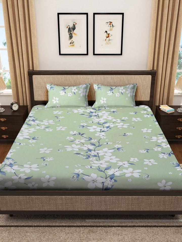 Myntra Elegant Homes Green Floral Cotton 400 TC King Cadar Superfine & 2 Sarung Bantal