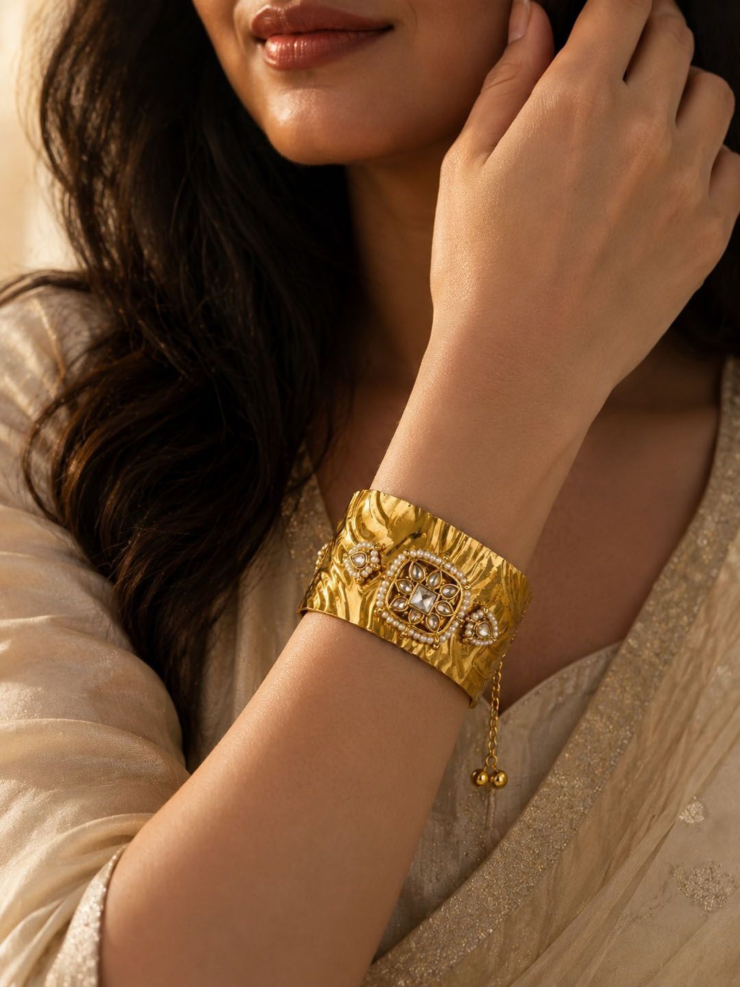 PANASH Gold-Plated Artificial Stones Studded Cuff Bracelet