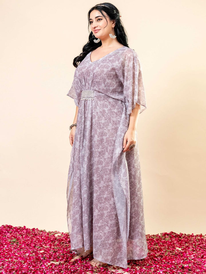 Pakaian Kaftan Leher V Bercetak Bunga Mamicha Wanita