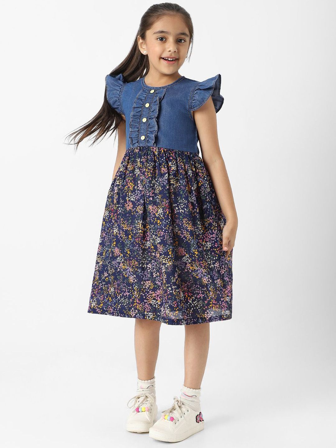 Nauti Nati Girls Denim Floral Printed Flutter Sleeves Dress
