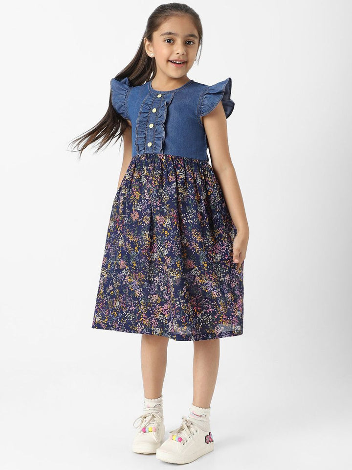 Nauti Nati Girls Denim Floral Printed Flutter Sleeves Dress