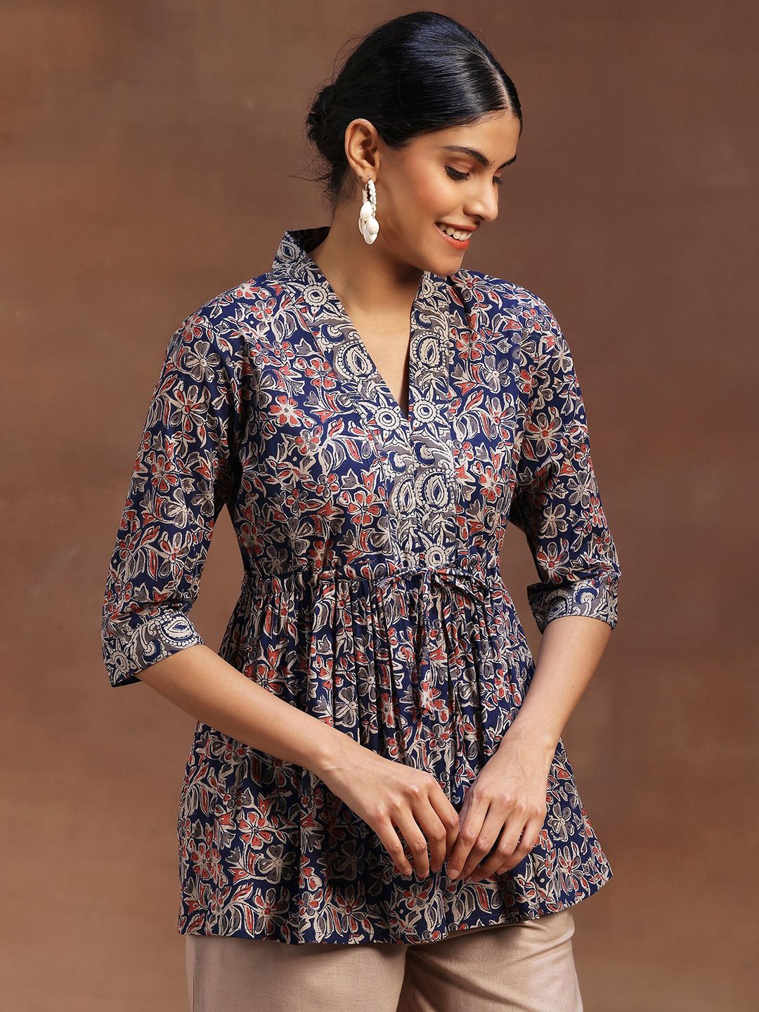 Libas Floral Printed V-Neck Pure Cotton Pleated Kurti