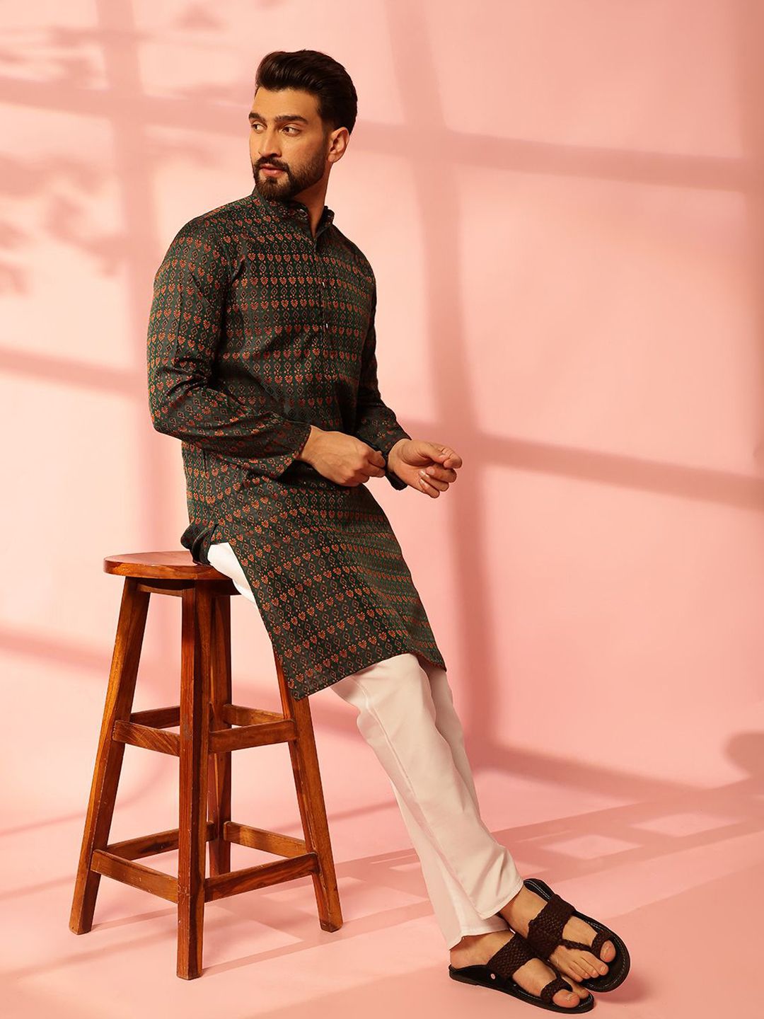 Anouk Ethnic Motifs Printed Jacquard Silk Straight Kurta