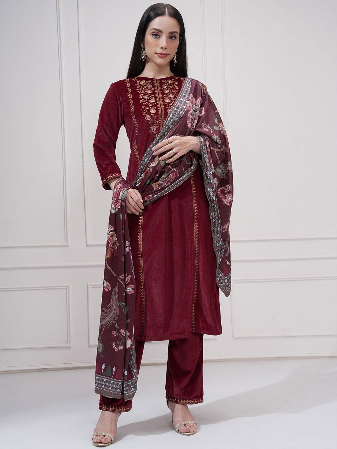 Vishudh Floral Yoke Design Round Neck Thread Work Straight Kurta With Trousers & Dupatta