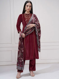 Vishudh Floral Yoke Design Round Neck Thread Work Straight Kurta With Trousers & Dupatta