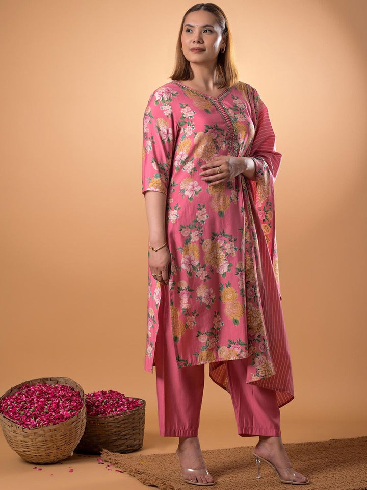 Mamicha Women Embroidered Regular Thread Work Pure Cotton Kurta with Palazzos With Dupatta