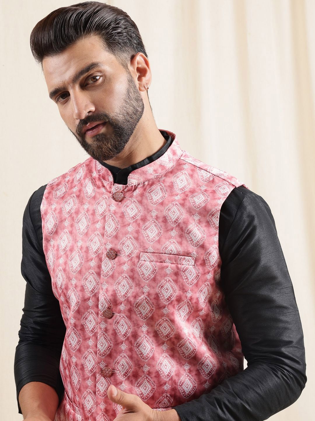 Anouk Men Mandarin Collar Kurta with Pyjamas with Nehru Jacket