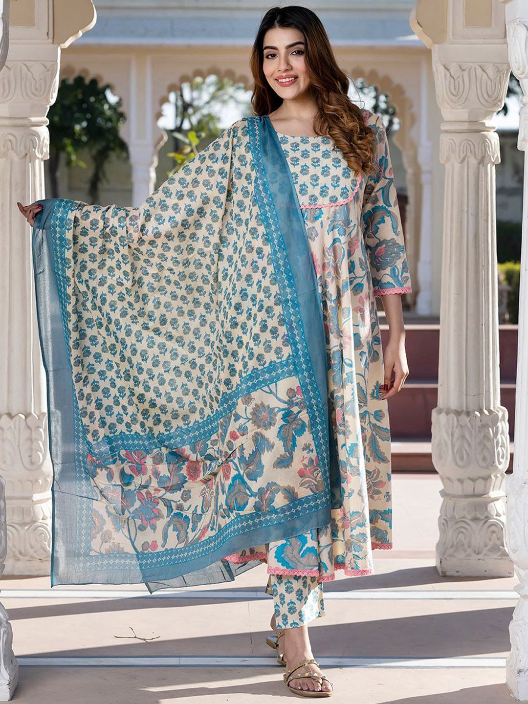 KALINI Women Floral Printed Regular Pure Cotton Kurta with Trousers & With Dupatta