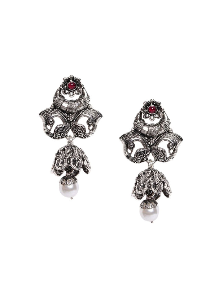 PANASH Silver Plated Cubic Zirconia Studted Peacock Shaped Drop Earrings
