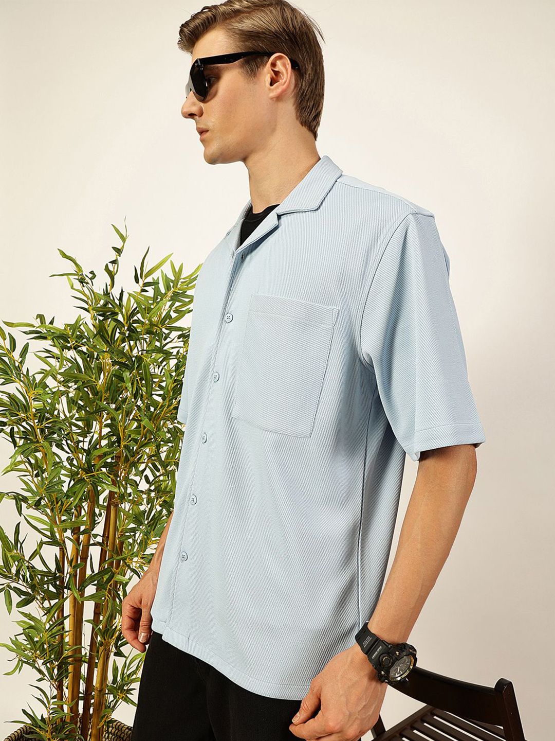 Thomas Scott Men Premium Cuban Collar Textured Cotton Oversized Casual Shirt