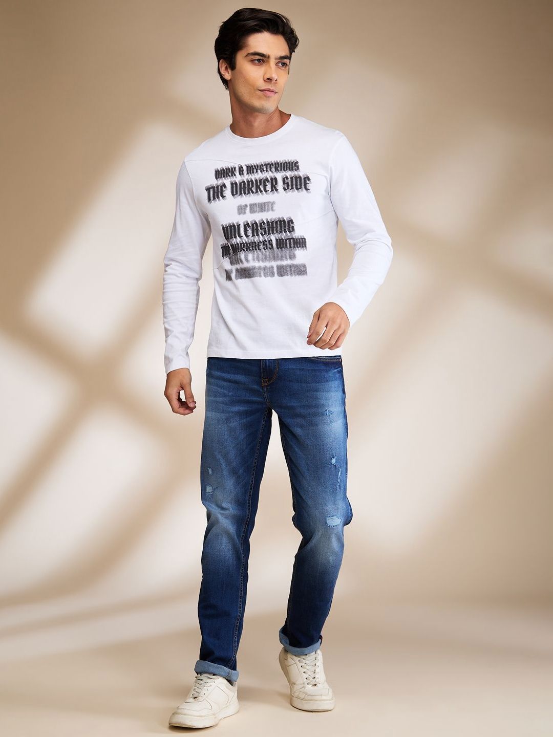 Being Human Men White Cotton Round Neck Full Sleeves Typography Applique Slim Fit T-shirt