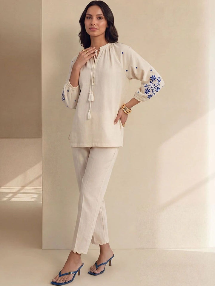 House of Chikankari Floral Embroidered Tie-Up Neck Cotton Top