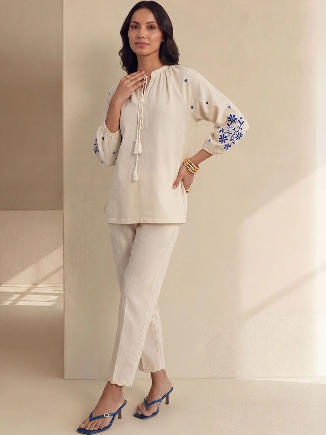 House of Chikankari Floral Embroidered Tie-Up Neck Cotton Top