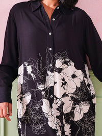 AND Floral Women Black and White Printed Long Sleeves Shirt Collar A-Line Dress