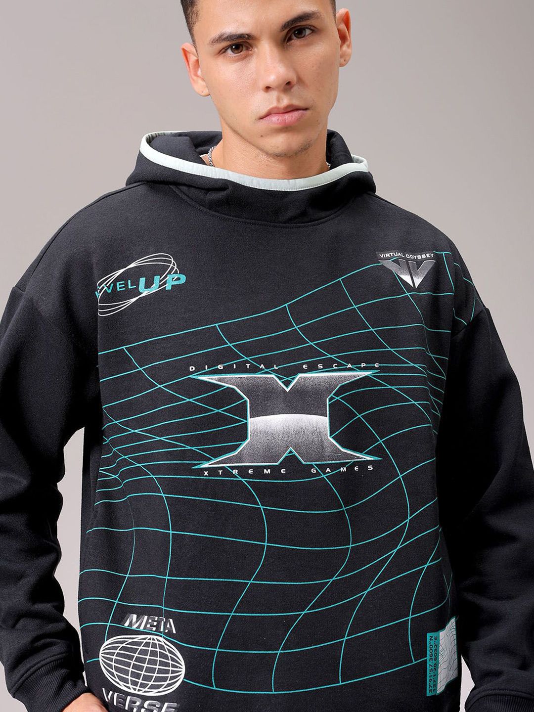 The Indian Garage Co Men Black Printed Long Sleeves Hooded Neck Sweatshirt