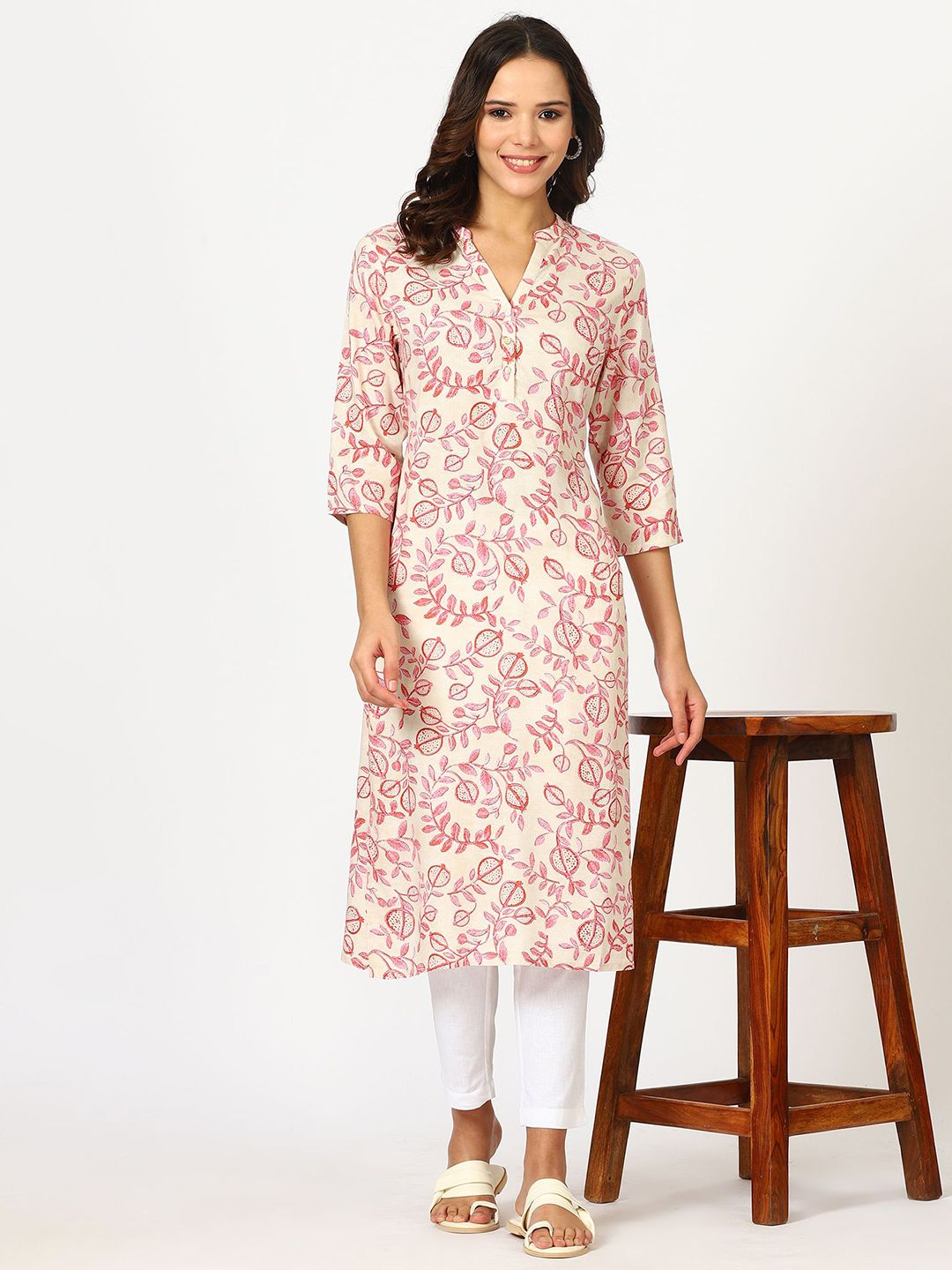 W Beige Floral Printed Mandarin Collar Three-Quarter Sleeves Regular Straight Kurta