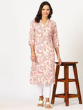 W Beige Floral Printed Mandarin Collar Three-Quarter Sleeves Regular Straight Kurta