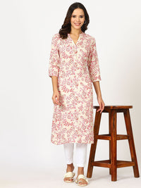 W Beige Floral Printed Mandarin Collar Three-Quarter Sleeves Regular Straight Kurta
