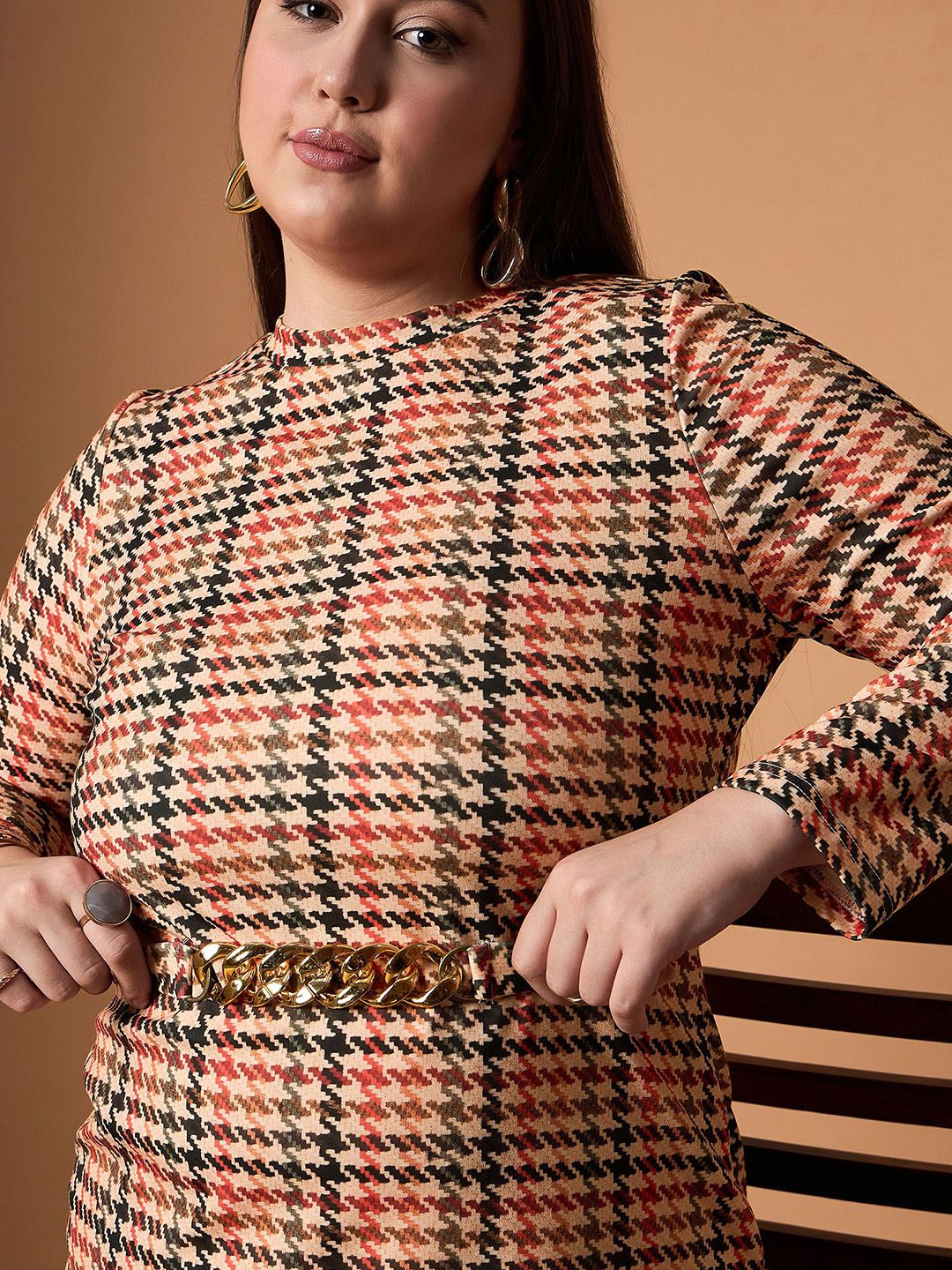 SASSAFRAS Curve Embellished Checked Sheath Dress