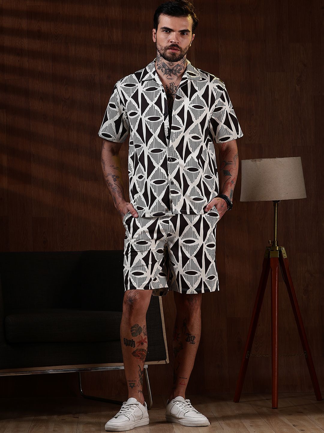 Eszett Geometric Printed Spread Collar Pure Cotton Shirt With Shorts Co-Ord Set